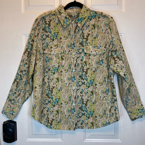 Kate Hill Woman Silk Blend Snake Print  w/ Gold Pattern Sz 1X Button-Up Blouse - Picture 2 of 15